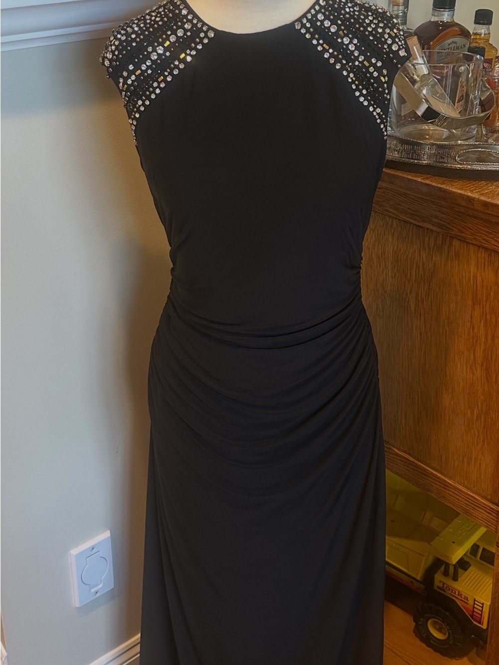 Vince Camuto Black Evening Gown with Beaded Shoulder Detail